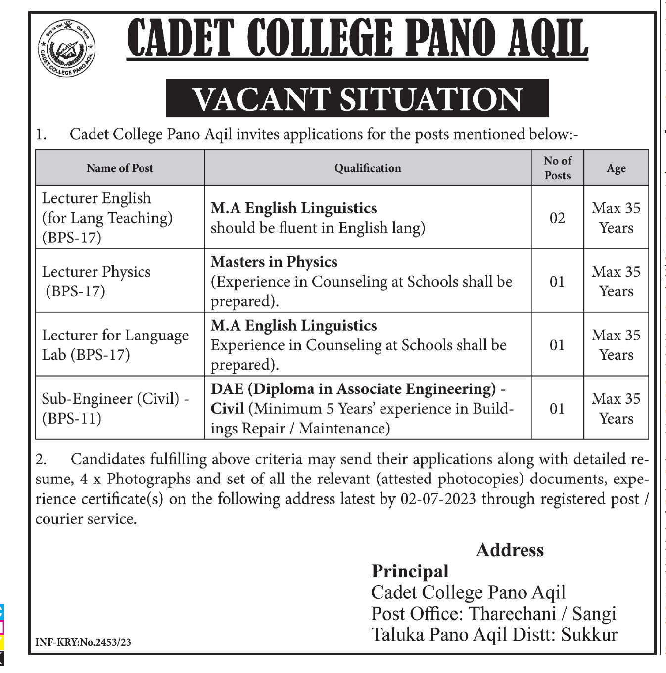 Cadet College Pano Aqil Sukkur Jobs 2023
